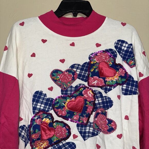 COMFY CLUB Women's Comfy Cotton Sweater Hearts‎ L Embroidered Pink White - Picture 3 of 6